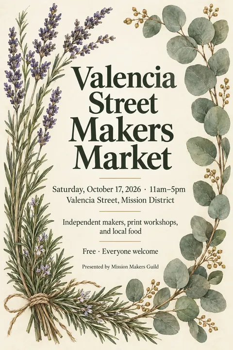 Botanical illustration style poster for a fictional event called Valencia Street Makers Market
