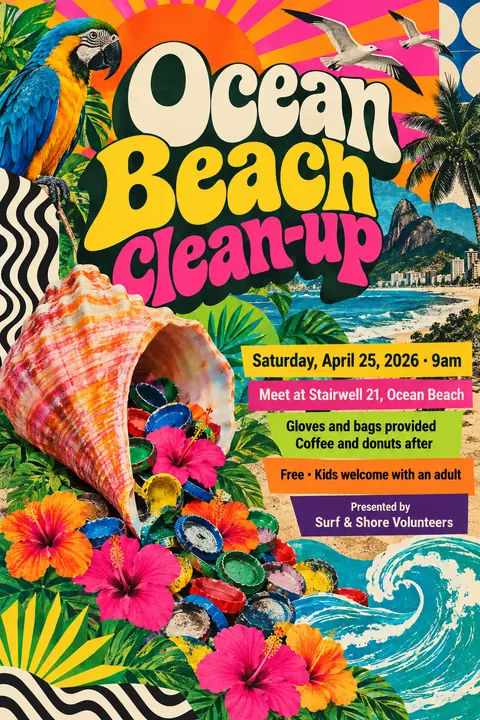 Brazilian Tropicália style poster for a fictional event called Ocean Beach Clean-up