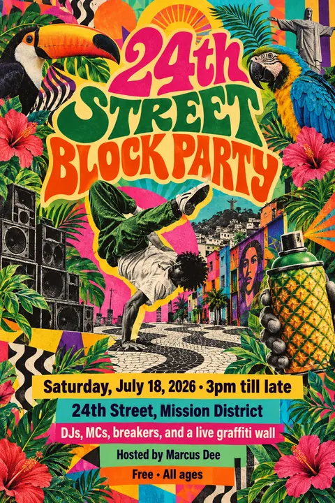 Brazilian Tropicália style poster for a fictional event called 24th Street Block Party