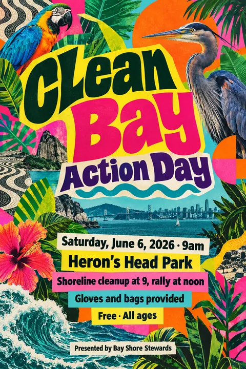 Brazilian Tropicália style event poster for a fictional protest: Clean Bay Action Day