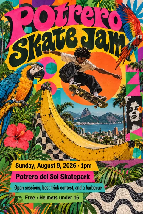 Brazilian Tropicália style poster for a fictional event called Potrero Skate Jam