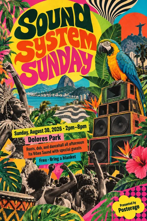 Brazilian Tropicália style poster for a fictional event called Sound System Sunday