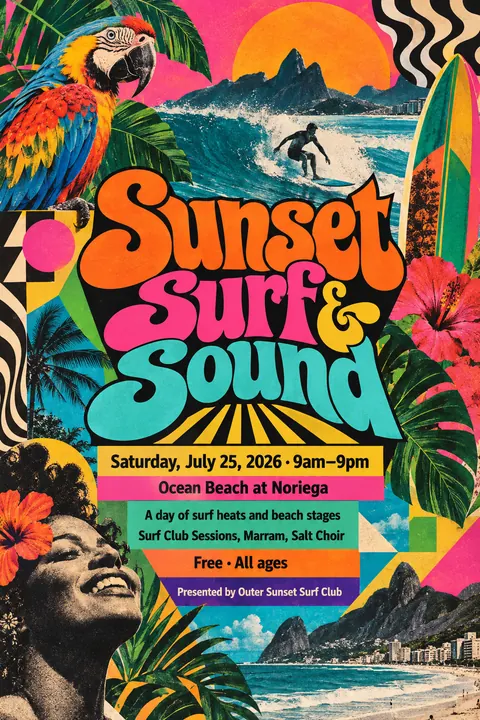 Brazilian Tropicália style event poster for a fictional festival: Sunset Surf & Sound