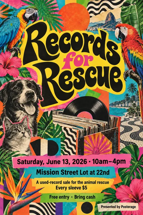Brazilian Tropicália style event poster for a fictional fundraiser: Records for Rescue