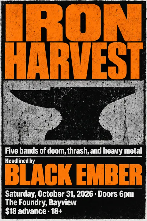 Brutalist Graphic Design style poster for a fictional event called Iron Harvest