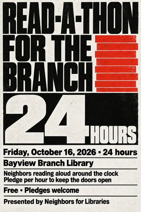 Brutalist Graphic Design style event poster for a fictional fundraiser: Read-A-Thon for the Branch