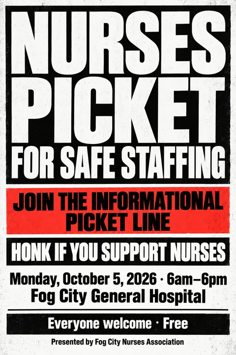 Brutalist Graphic Design style event poster for a fictional protest: Nurses Picket for Safe Staffing