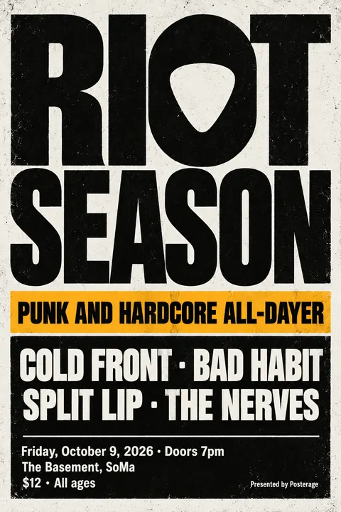Brutalist Graphic Design style poster for a fictional event called Riot Season