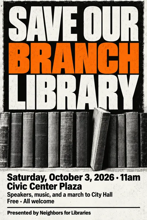 Brutalist Graphic Design style poster for a fictional event called Save Our Branch Library