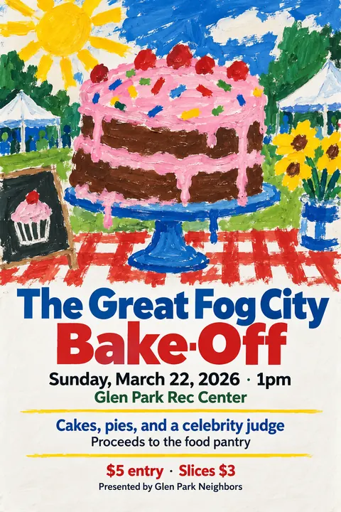 Child Poster Paint + Pro Typography style event poster for a fictional fundraiser: The Great Fog City Bake-Off