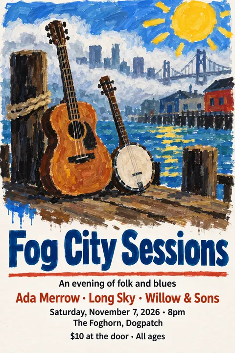 Child Poster Paint + Pro Typography style poster for a fictional event called Fog City Sessions