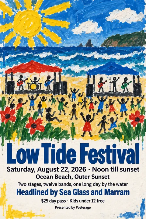 Child Poster Paint + Pro Typography style poster for a fictional event called Low Tide Festival