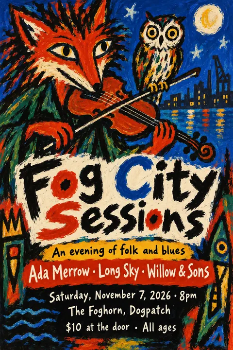 CoBrA style poster for a fictional event called Fog City Sessions