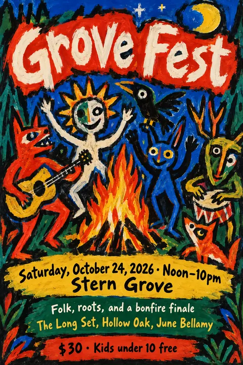 CoBrA style event poster for a fictional festival: Grove Fest