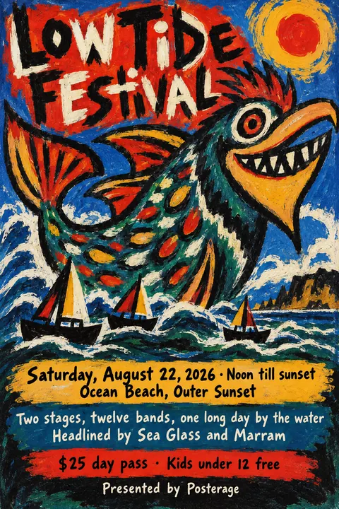 CoBrA style poster for a fictional event called Low Tide Festival