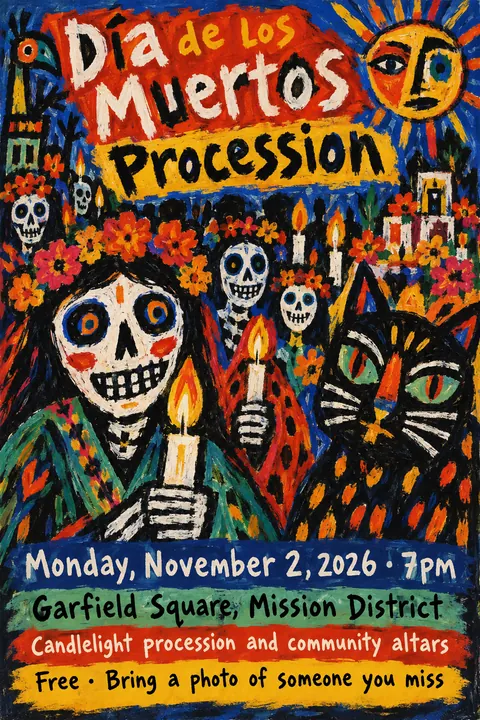 CoBrA style poster for a fictional event called Día de los Muertos Procession