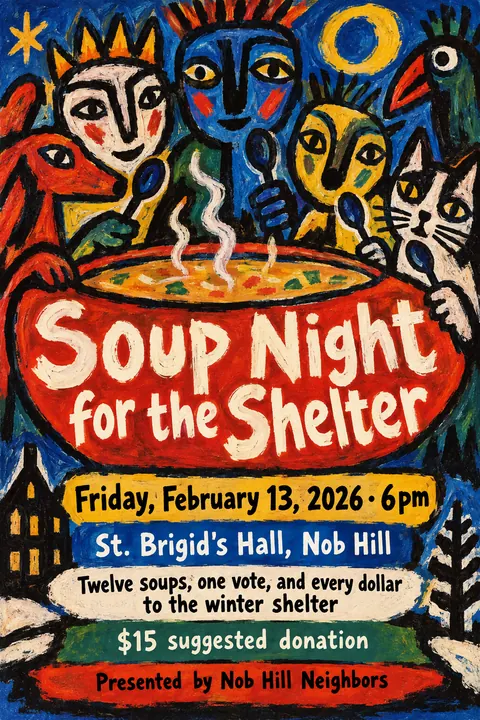 CoBrA style event poster for a fictional fundraiser: Soup Night for the Shelter