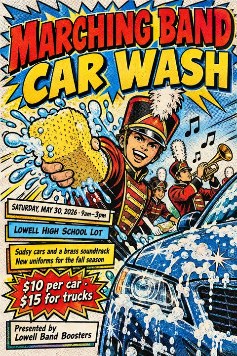 Comic Book style event poster for a fictional fundraiser: Marching Band Car Wash
