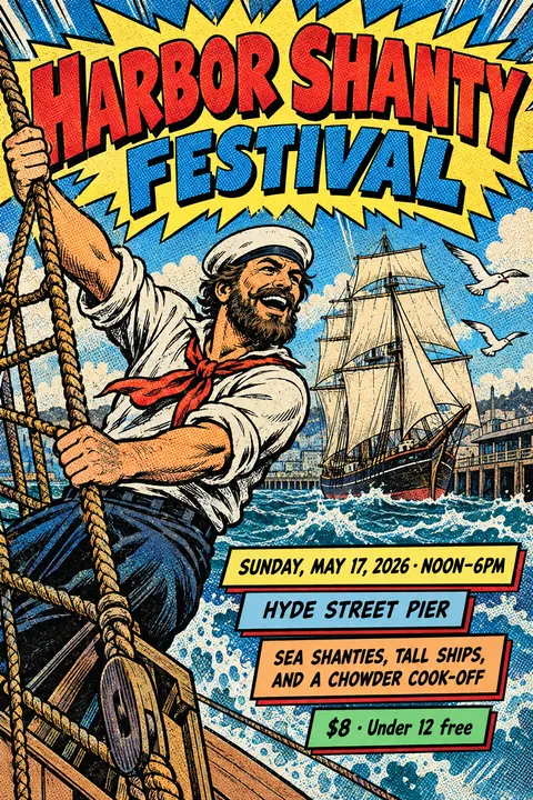 Comic Book style event poster for a fictional festival: Harbor Shanty Festival
