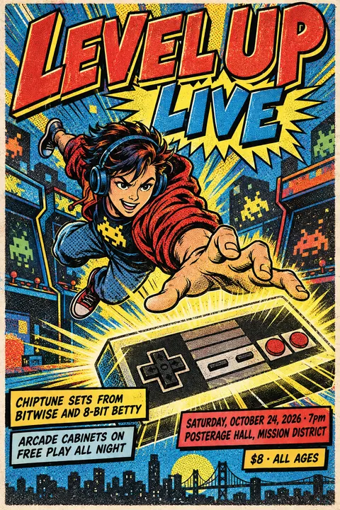 Comic Book style event poster for a fictional music: Level Up Live