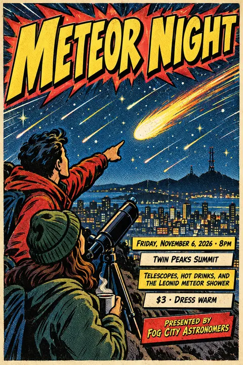Comic Book style event poster for a fictional community: Meteor Night