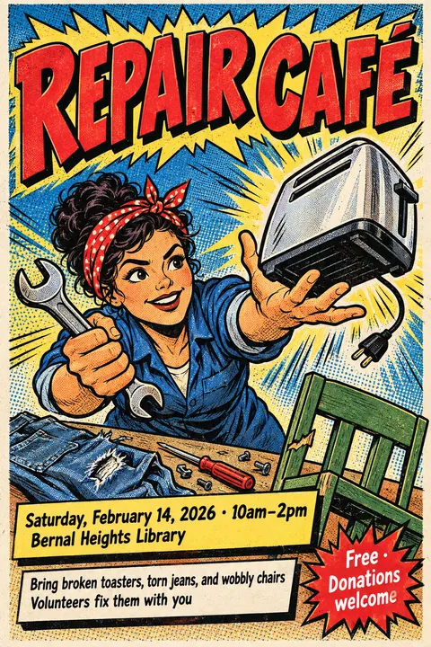Comic Book style event poster for a fictional community: Repair Café