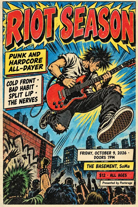 Comic Book style event poster for a fictional music: Riot Season