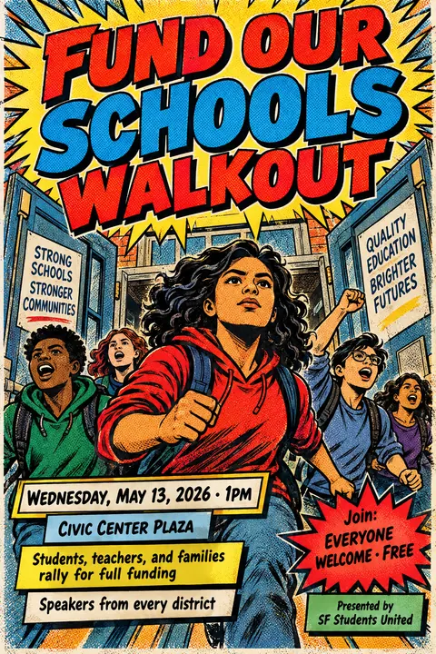 Comic Book style event poster for a fictional protest: Fund Our Schools Walkout