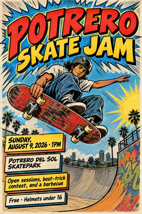 Comic Book style event poster for a fictional community: Potrero Skate Jam