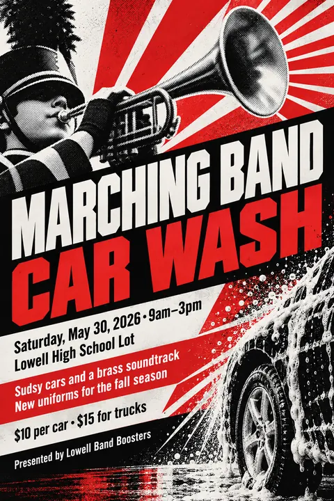Constructivist style event poster for a fictional fundraiser: Marching Band Car Wash