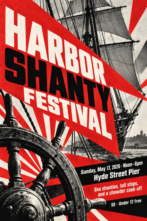Constructivist style event poster for a fictional festival: Harbor Shanty Festival