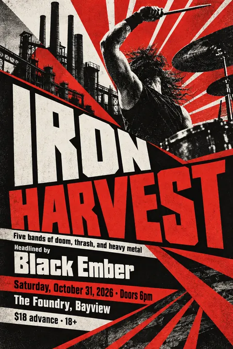 Constructivist style poster for a fictional event called Iron Harvest