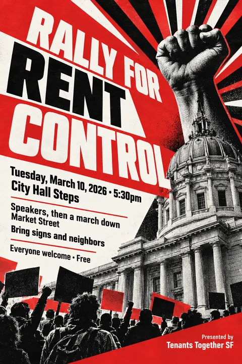 Constructivist style event poster for a fictional protest: Rally for Rent Control