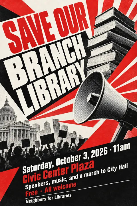 Constructivist style poster for a fictional event called Save Our Branch Library