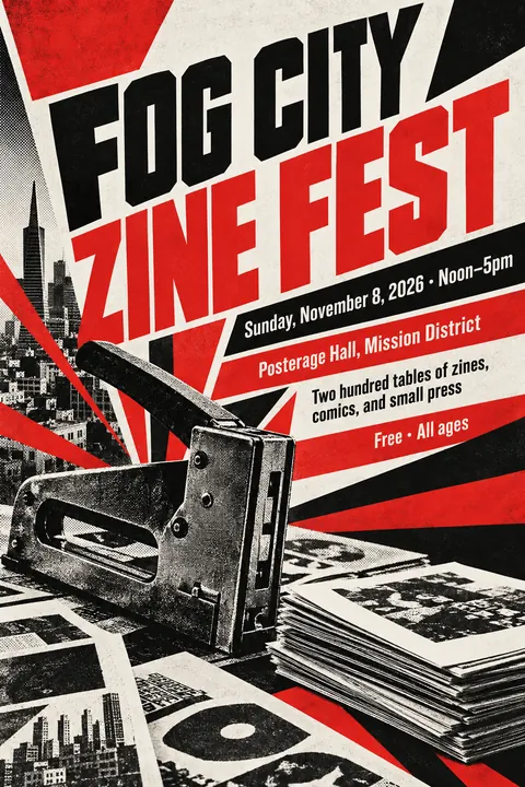 Constructivist style poster for a fictional event called Fog City Zine Fest