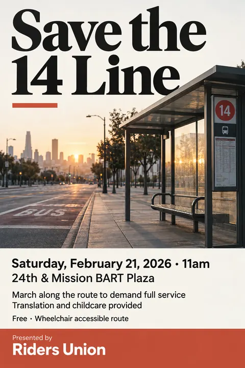 Contemporary Editorial style event poster for a fictional protest: Save the 14 Line
