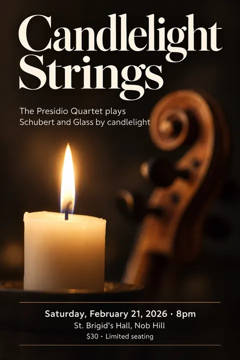 Contemporary Editorial style poster for a fictional event called Candlelight Strings