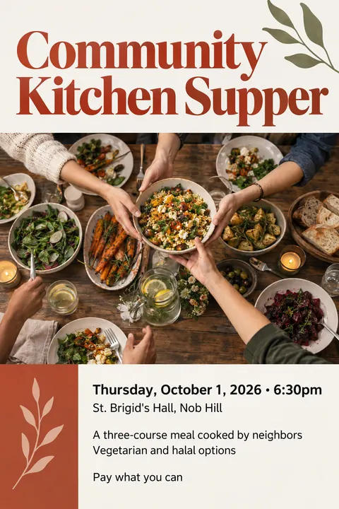 Contemporary Editorial style poster for a fictional event called Community Kitchen Supper