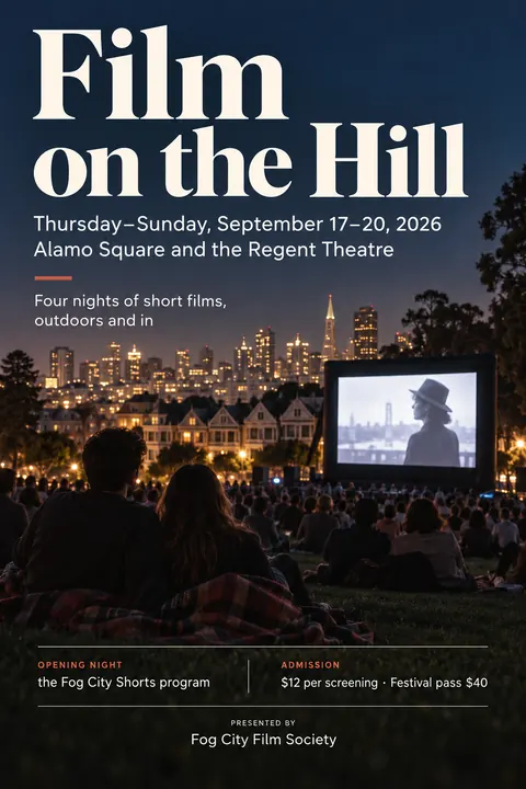 Contemporary Editorial style event poster for a fictional festival: Film on the Hill