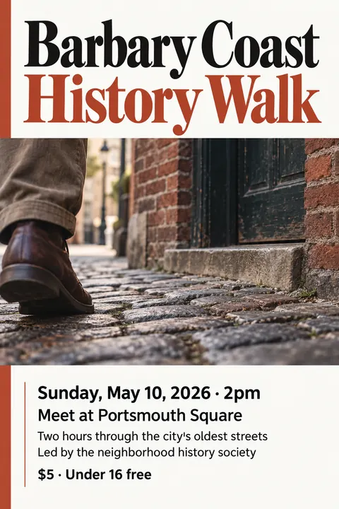 Contemporary Editorial style poster for a fictional event called Barbary Coast History Walk