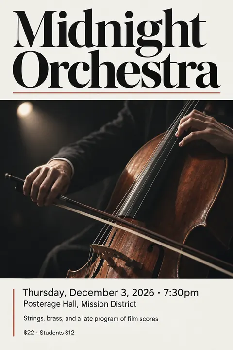 Contemporary Editorial style poster for a fictional event called Midnight Orchestra