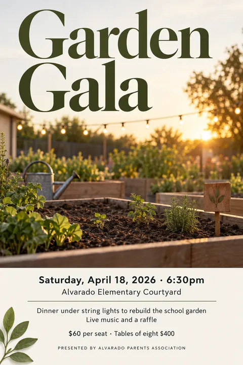 Contemporary Editorial style event poster for a fictional fundraiser: Garden Gala