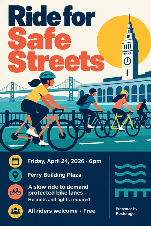 Contemporary Flat Illustration style event poster for a fictional protest: Ride for Safe Streets