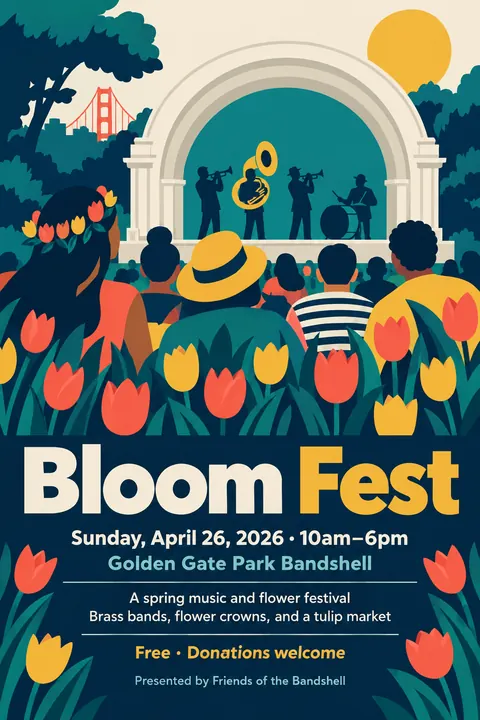 Contemporary Flat Illustration style event poster for a fictional festival: Bloom Fest