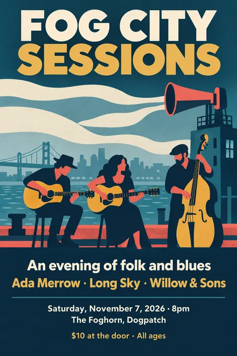 Contemporary Flat Illustration style poster for a fictional event called Fog City Sessions