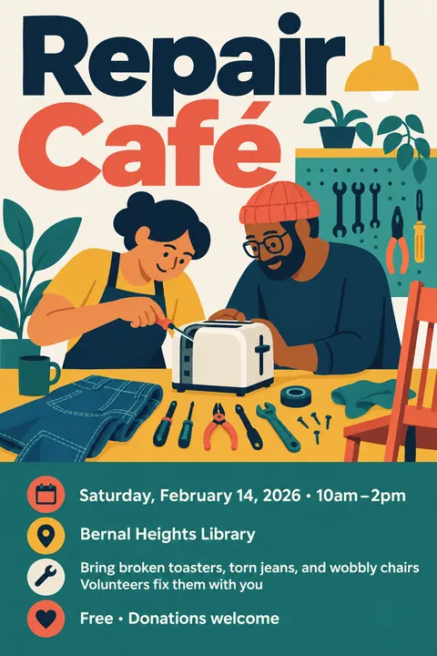 Contemporary Flat Illustration style poster for a fictional event called Repair Café