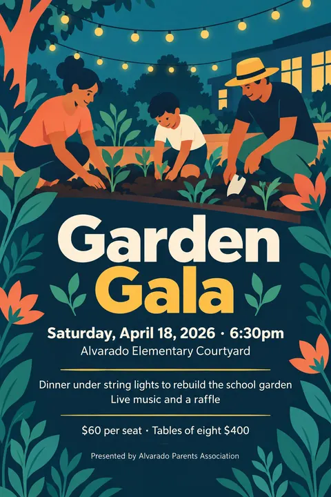 Contemporary Flat Illustration style event poster for a fictional fundraiser: Garden Gala
