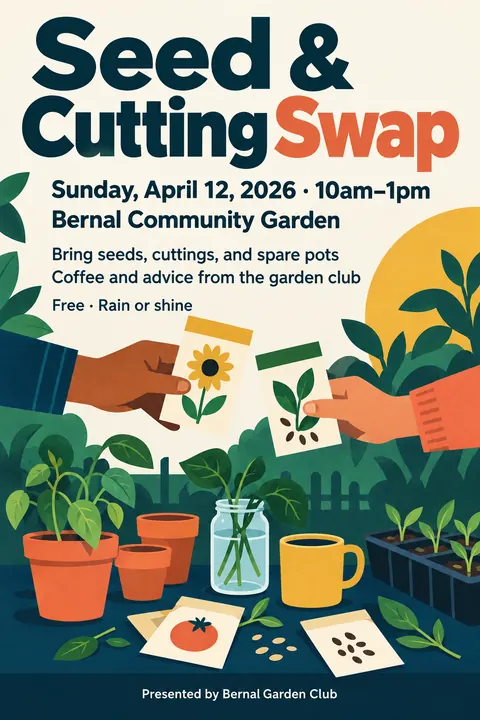 Contemporary Flat Illustration style poster for a fictional event called Seed & Cutting Swap