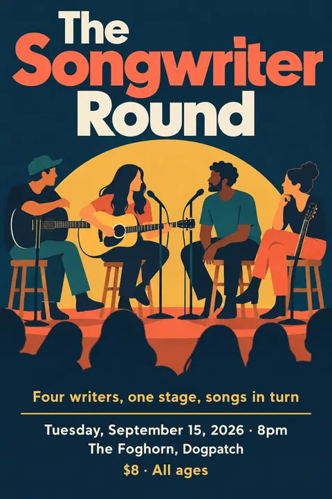 Contemporary Flat Illustration style poster for a fictional event called The Songwriter Round