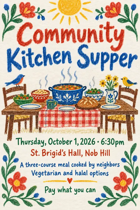Crayon Folk Handmade style poster for a fictional event called Community Kitchen Supper